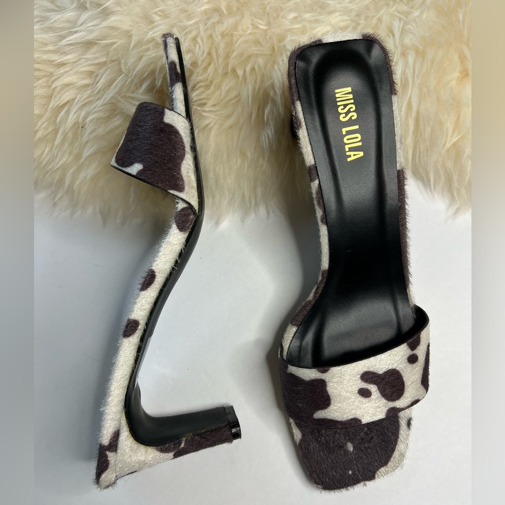 Cow print mules